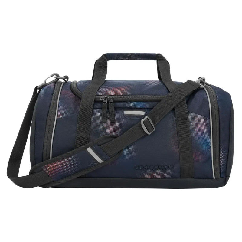 Marineblaue Duffelbag mit schwarzen Griffen, Schultergurt, Frontreißverschluss und dezenten bunten Akzenten.