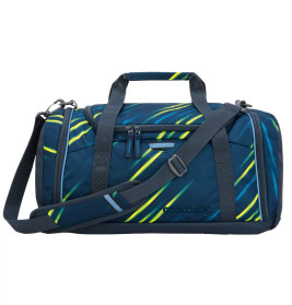 Dunkelblaues Duffelbag mit grünen und gelben Diagonalstreifen, zwei Tragegriffen und verstellbarem Schultergurt.