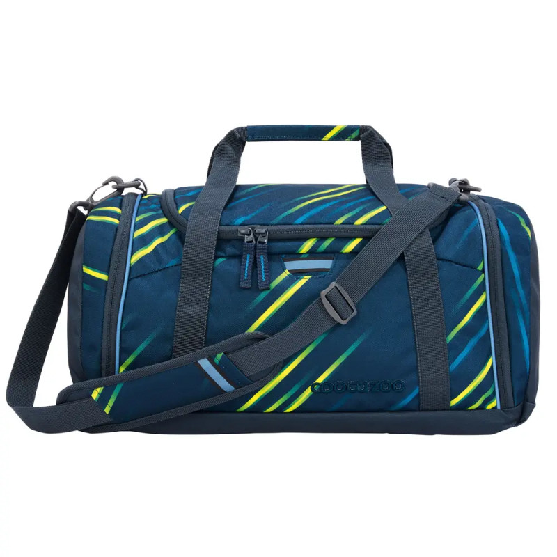 Dunkelblaues Duffelbag mit grünen und gelben Diagonalstreifen, zwei Tragegriffen und verstellbarem Schultergurt.