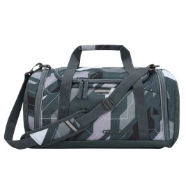 Graue und schwarze Sporttasche mit geometrischem Muster, kurzen Henkeln, Schultergurt und seitlicher Reißverschlusstasche.