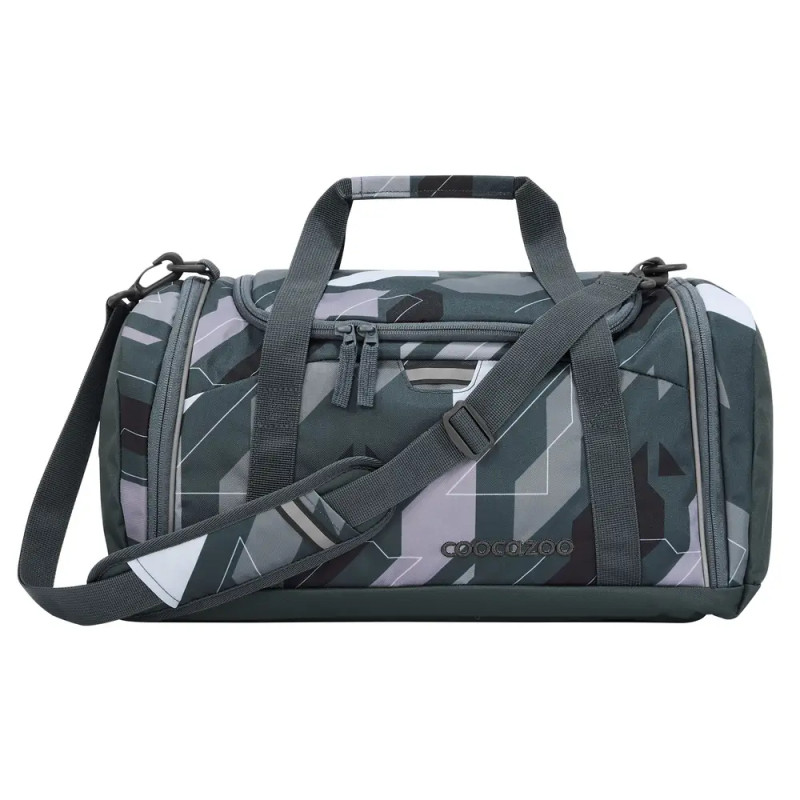 Graue und schwarze Sporttasche mit geometrischem Muster, kurzen Henkeln, Schultergurt und seitlicher Reißverschlusstasche.