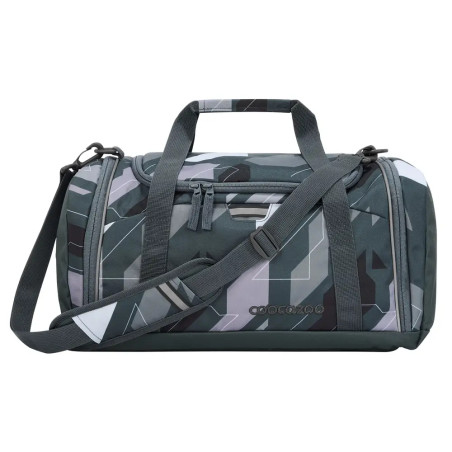 Graue und schwarze Sporttasche mit geometrischem Muster, kurzen Henkeln, Schultergurt und seitlicher Reißverschlusstasche.