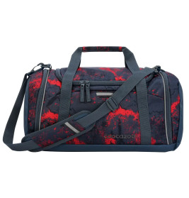 Eine Duffeltasche mit schwarz-rotem Marmor-Muster, Seitentaschen und verstellbarem Schulterriemen.