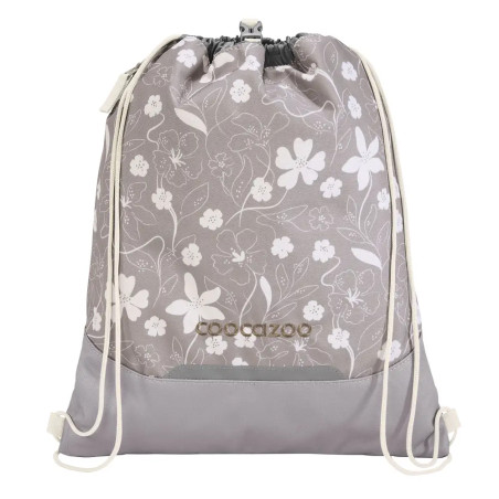 Hellgrauer Turnbeutel mit weißem Blumenmuster, weißen Kordeln und dem Markennamen Coocazoo.