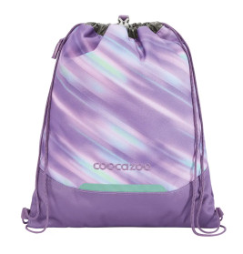Lila Turnbeutel mit diagonalen Pastellstreifen und coocazoo-Logo auf der Vorderseite.