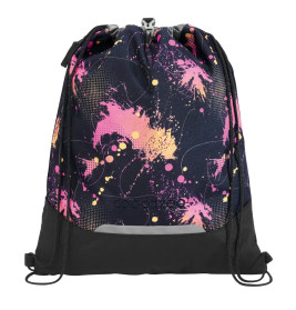 Schwarzer Turnbeutel mit pink-gelbem Spritzmuster und schwarzen Kordeln.