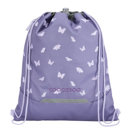 Lavendelfarbener Turnbeutel mit weißen Schmetterlingsdrucken und cocazoo-Logo auf der Vorderseite.
