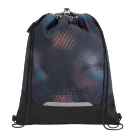 Dunkler Turnbeutel mit dezentem, mehrfarbigem Muster und schwarzen Bodenecken.