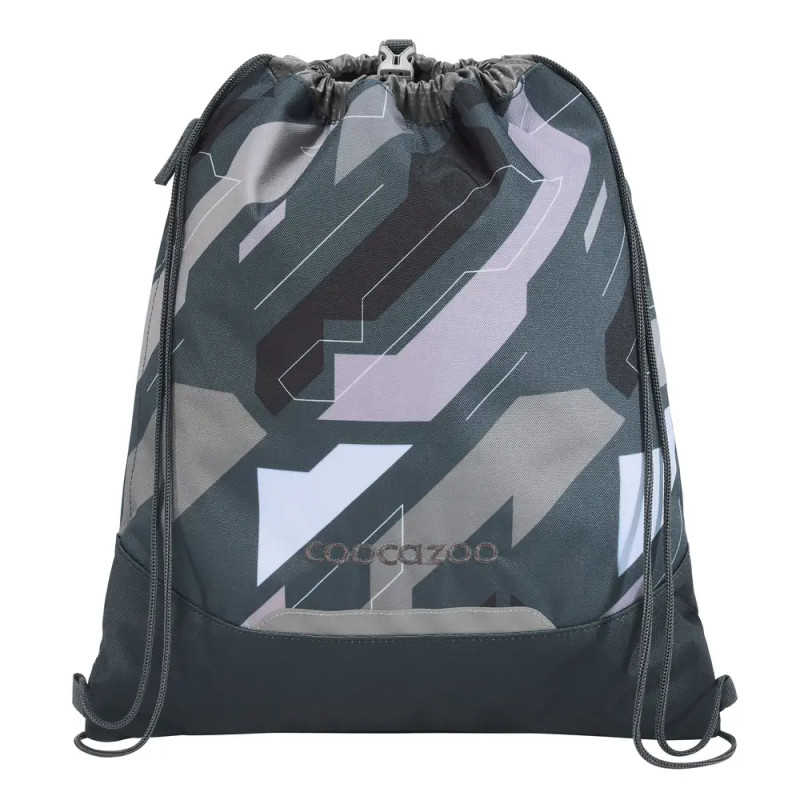 Grau-schwarzer Turnbeutel mit geometrischen Mustern und Coocazoo-Logo auf der Vorderseite.