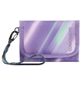 Lila Stoffgeldbörse mit Handgelenkschlaufe und dezentem diagonalen Farbverlauf.