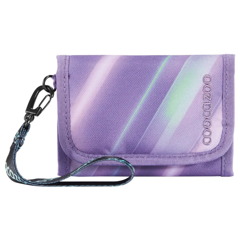 Lila Stoffgeldbörse mit Handgelenkschlaufe und dezentem diagonalen Farbverlauf.