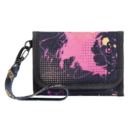 Schwarzes und pinkes Portemonnaie mit Handschlaufe und abstraktem, bunten Punkt- und Spritzmuster.