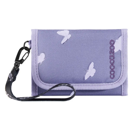 Helllila Geldbörse mit schwarzem Band, weißen Schmetterlingsmotiven und COOCAZOO-Aufdruck auf der Vorderseite.