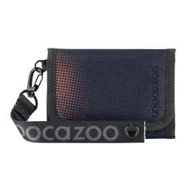 Schwarzes Stoffportemonnaie mit Handgelenksschlaufe, dezentem orangenem Punktemuster und Druckknopfverschluss.