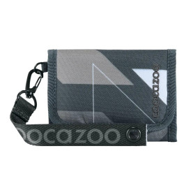 Graues und schwarzes Stoffportemonnaie mit geometrischem Muster, abnehmbarem Riemen und Coocazoo-Logo.