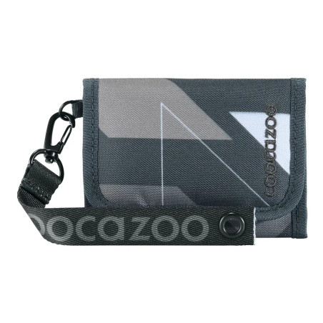 Graues und schwarzes Stoffportemonnaie mit geometrischem Muster, abnehmbarem Riemen und Coocazoo-Logo.