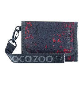 Schwarzes und rotes Stoff-Portemonnaie mit Druckknopf, abnehmbarem Riemen und COOCAZOO-Logo.