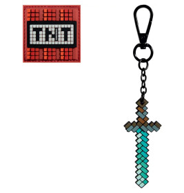 Ein pixelierter TNT-Block und ein Schwert-Schlüsselanhänger, die an Minecraft-Gegenstände erinnern.