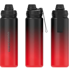 Drei Ansichten einer schwarz-roten Gradient-Trinkflasche mit schwarzem Deckel, Trageschlaufe und Loop-Befestigung.