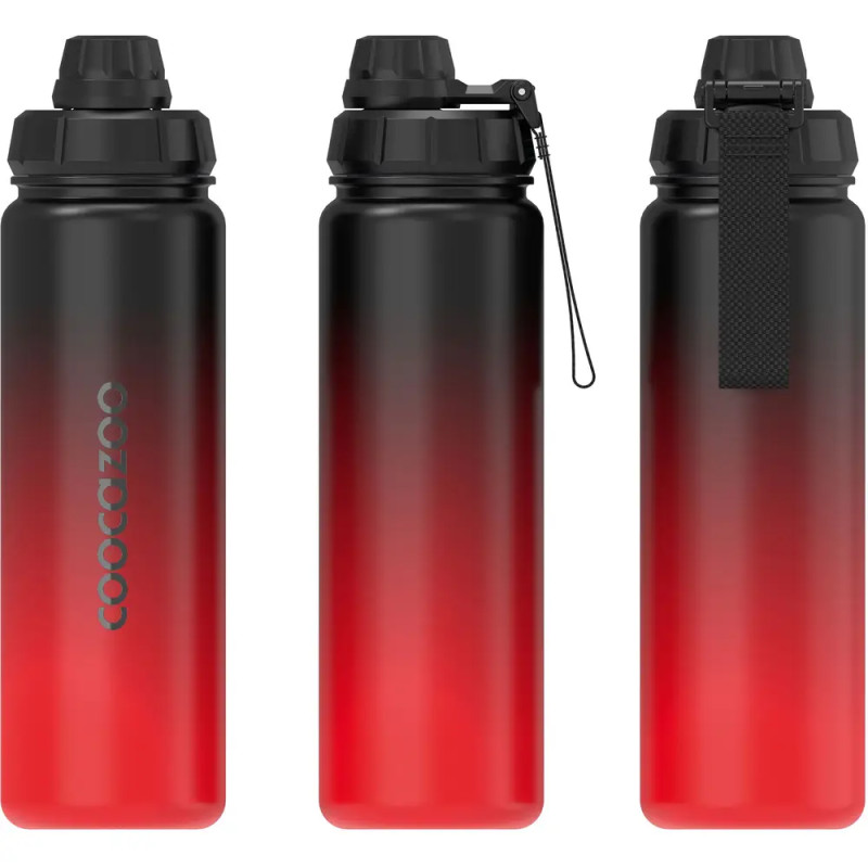 Drei Ansichten einer schwarz-roten Gradient-Trinkflasche mit schwarzem Deckel, Trageschlaufe und Loop-Befestigung.