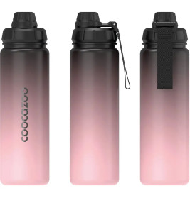 Drei Trinkflaschen mit Schwarz-Pink-Verlauf und schwarzen Deckeln aus drei Perspektiven.