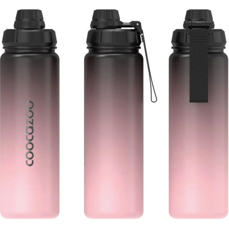 Drei Trinkflaschen mit Schwarz-Pink-Verlauf und schwarzen Deckeln aus drei Perspektiven.