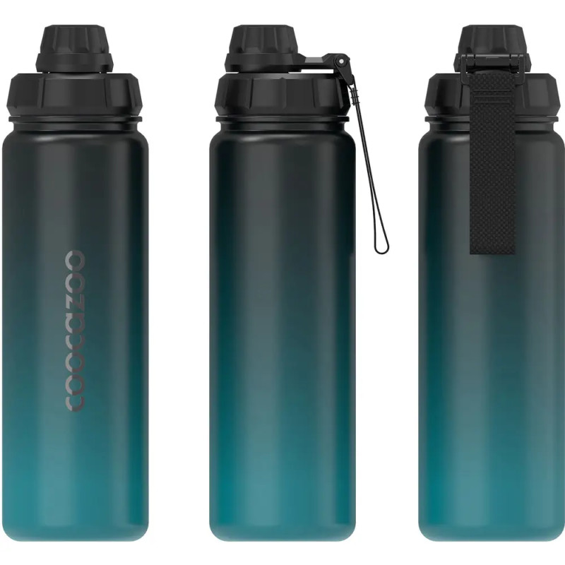 Drei Ansichten einer aufrecht stehenden, blau verlaufenden Trinkflasche mit schwarzem Deckel und Trageschlaufe.