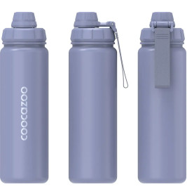 Drei lilafarbene Trinkflaschen mit verschiedenen Verschlüssen, eine zeigt das coocazoo-Logo vertikal.