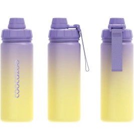 Drei Ombre-Trinkflaschen von Lila zu Gelb, gezeigt aus Vorder-, Seiten- und Rückansicht.