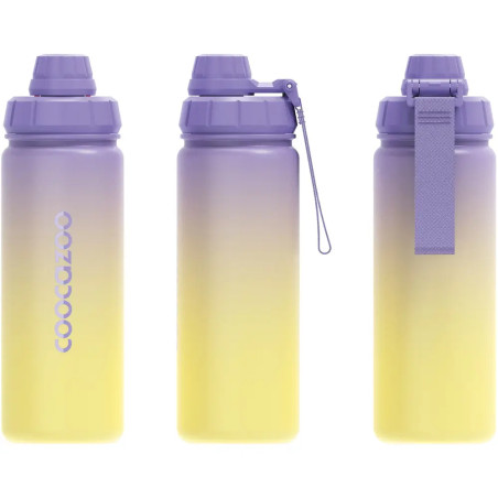 Drei Ombre-Trinkflaschen von Lila zu Gelb, gezeigt aus Vorder-, Seiten- und Rückansicht.