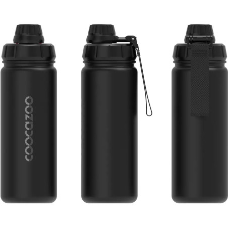 Drei schwarze Trinkflaschen mit unterschiedlichen Verschlüssen, von vorne und seitlich dargestellt.