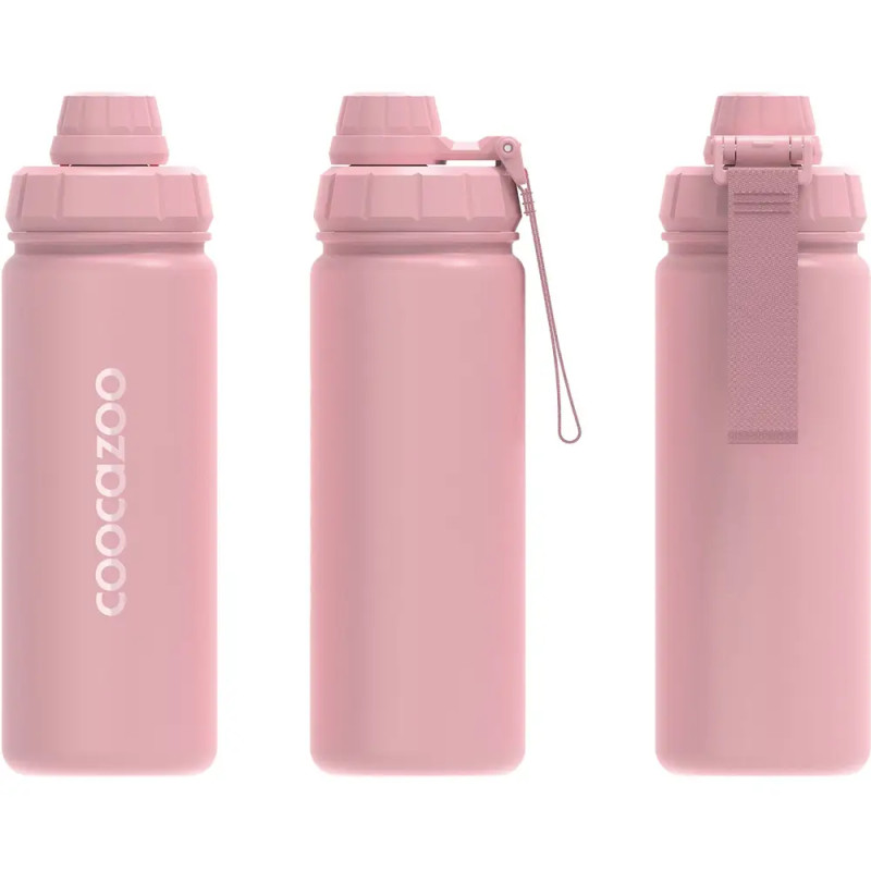 Drei pinke Coocazoo-Trinkflaschen sind aus verschiedenen Perspektiven auf weißem Hintergrund zu sehen.