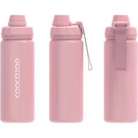 Drei pinke Coocazoo-Trinkflaschen sind aus verschiedenen Perspektiven auf weißem Hintergrund zu sehen.