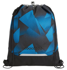 Turnbeutel mit blauem geometrischen Muster, schwarzem Hexagon-Mesh und schwarzen Kordeln.