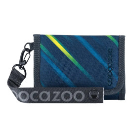 Blaues Portemonnaie mit grünen und gelben Streifen, schwarzem Riemen und dem Schriftzug OCAZOO.