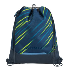 Blauer Turnbeutel mit grünen und gelben diagonalen Streifen, vorne der Markenname Coocazoo.