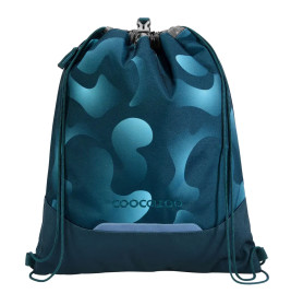 Blauer Turnbeutel mit dunkelblau-türkisem Camouflagemuster und Cocazoo-Logo auf der Vorderseite.