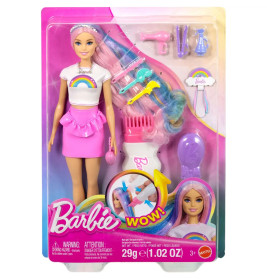 Barbie mit pastellfarbenem Regenbogenhaar, Haarzubehör und Bürste in bunter Verpackung.