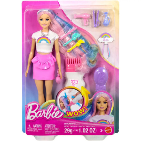Barbie mit pastellfarbenem Regenbogenhaar, Haarzubehör und Bürste in bunter Verpackung.