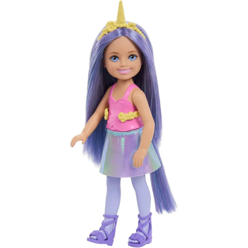 Puppe mit langem lila Haar, Einhorn-Haarreif, pinkem Top, irisierendem Rock und lila Sandalen.