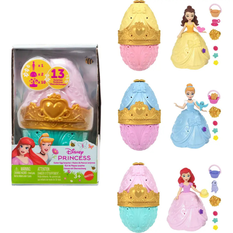 Disney Princess Überraschungseier mit Figuren von Belle, Cinderella und Ariel sowie Zubehör und Verpackung abgebildet.