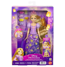 Disney Rapunzel Puppe im lila Kleid mit Bürste und Haar-Accessoires in einer lila-gelben Verpackung.