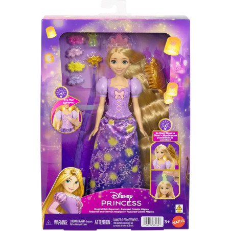 Disney Rapunzel Puppe im lila Kleid mit Bürste und Haar-Accessoires in einer lila-gelben Verpackung.