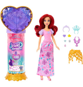 Disney Prinzessin Ariel Puppe mit roten Haaren, rosa Kleid, Zubehör und lilafarbener, herzförmiger Verpackung.