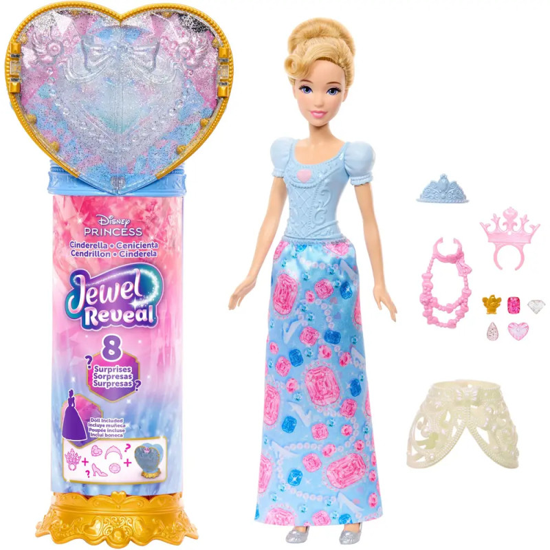 Disney Prinzessin Cinderella Puppe mit blau-rosa Kleid, Zubehör und Jewel Reveal Überraschungspaket.