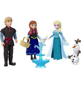 Kristoff, Anna, Elsa, Olaf und ein Vogel stehen mit einem Korb um einen blauen Brunnen.