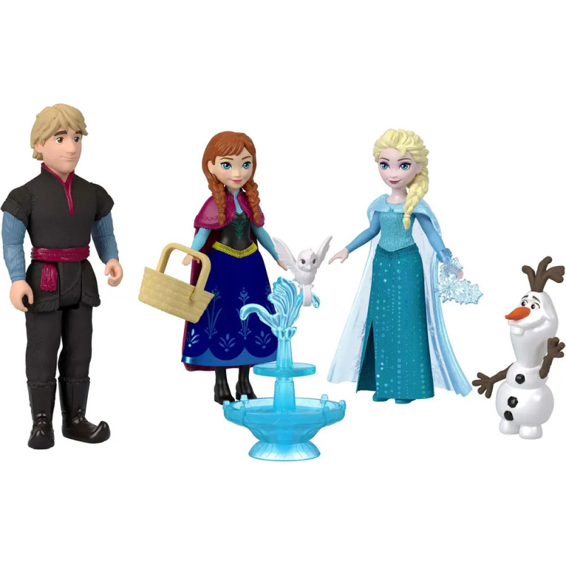 Kristoff, Anna, Elsa, Olaf und ein Vogel stehen mit einem Korb um einen blauen Brunnen.