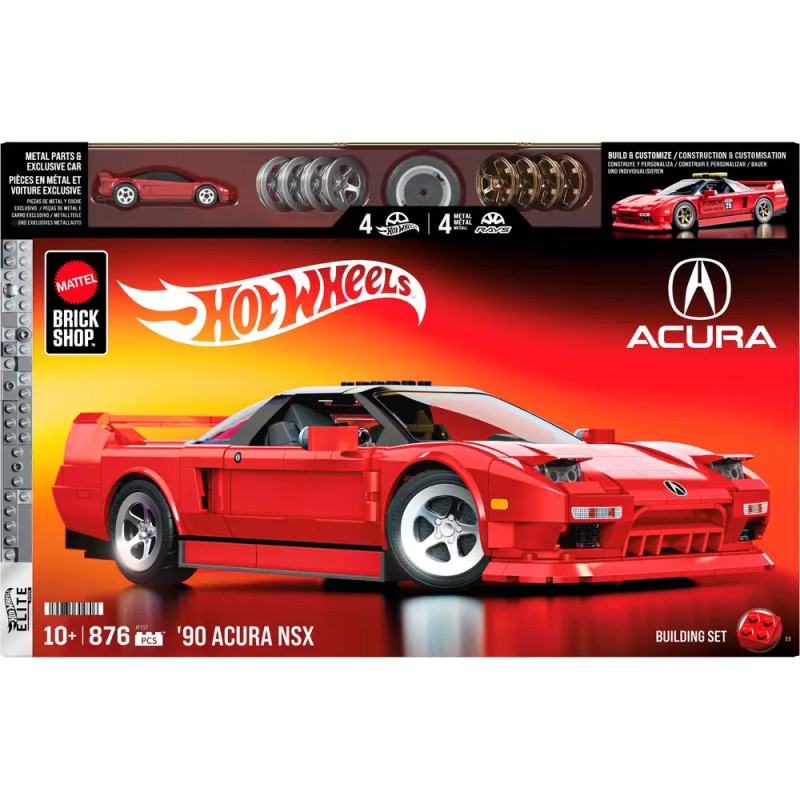 Hot Wheels Bauset-Box für einen roten '90 Acura NSX, mit Acura-Logo und Altersempfehlung ab 10 Jahren.