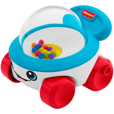 Spielzeugauto mit roten Rädern, blauem Dach, Klarkuppel, bunten Kugeln innen und lachendem Gesicht vorne.
