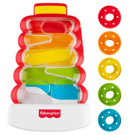 Bunter Fisher-Price Stapelturm mit fünf Ringen und roter Spirale auf weißem Sockel.